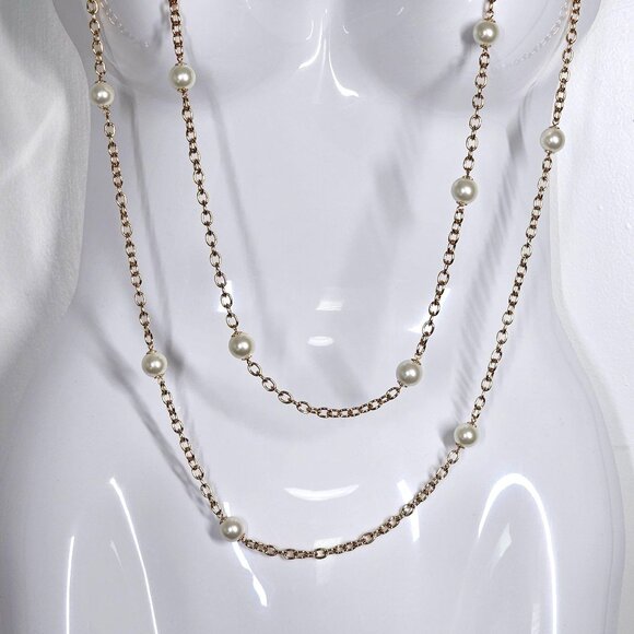 NWT Kenneth Jay Lane Gold-Tone Multi-Strand Chain Necklace Faux Pearls 22" in - Picture 3 of 8